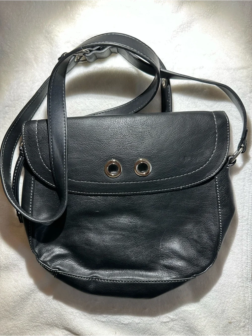 Nine West Black Leather Crossbody with Silver Eyelet Accents